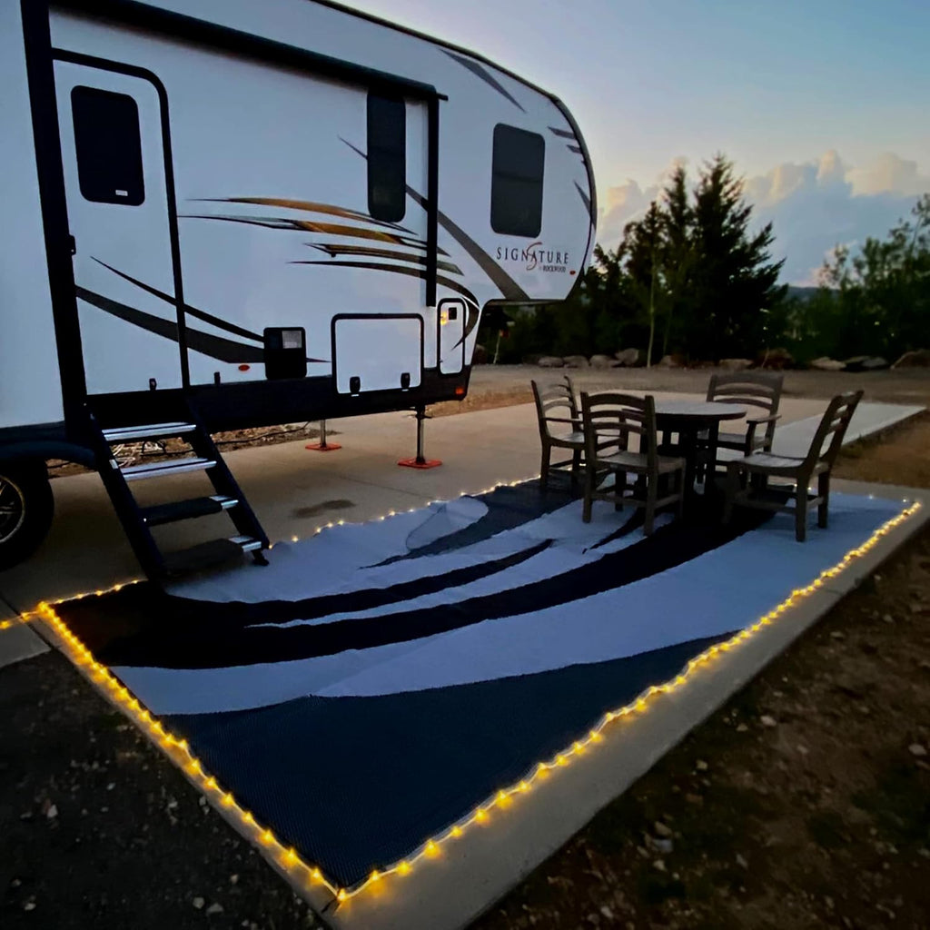 LED Illuminated Patio Mat 8-Feet x 18-Feet Black/White/Grey RV Camping Mat P354868