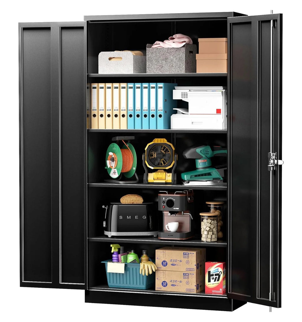 72" Black Metal Storage Cabinet with Doors and Shelves O973115
