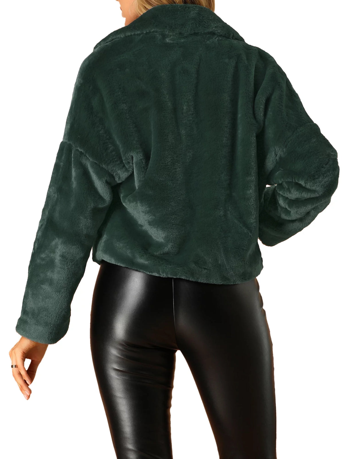 Loose Faux Fur Cropped Jacket Coat Dark Green F342446