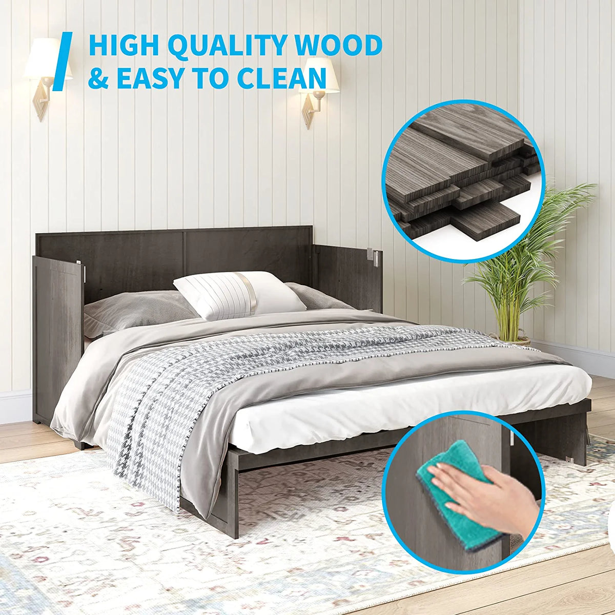 Queen Size Cabinet Bed with USB Charging Station & Folding Foam Mattress I8754