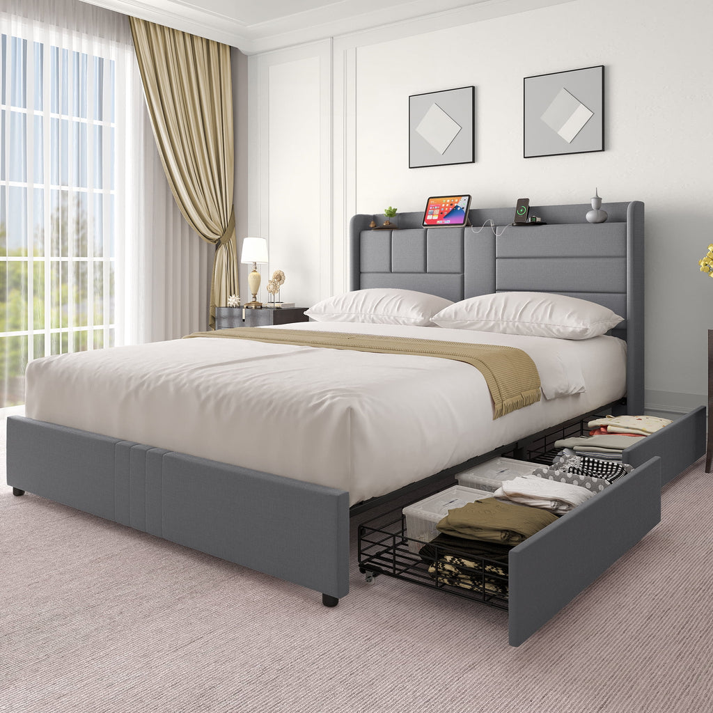 Queen Size Upholstered Platform Bed with Storage Drawers P69090