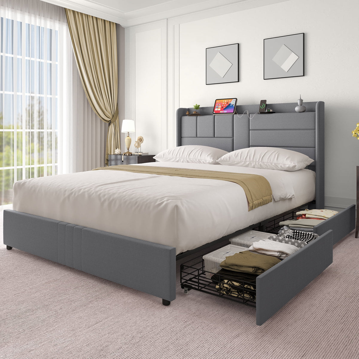 Queen Size Upholstered Platform Bed with Storage Drawers P69090