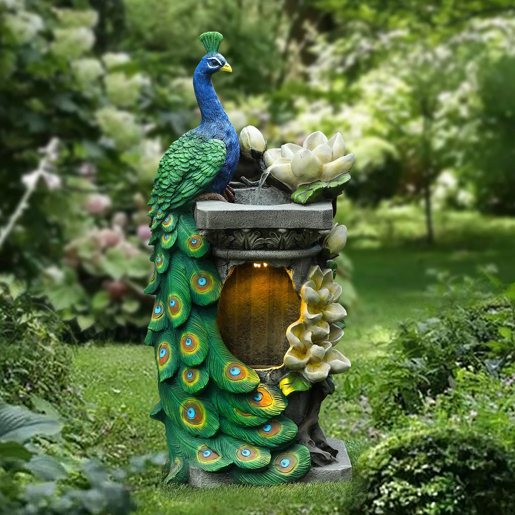 Blue and Green Resin Peacock Outdoor Fountain with LED Light L768646