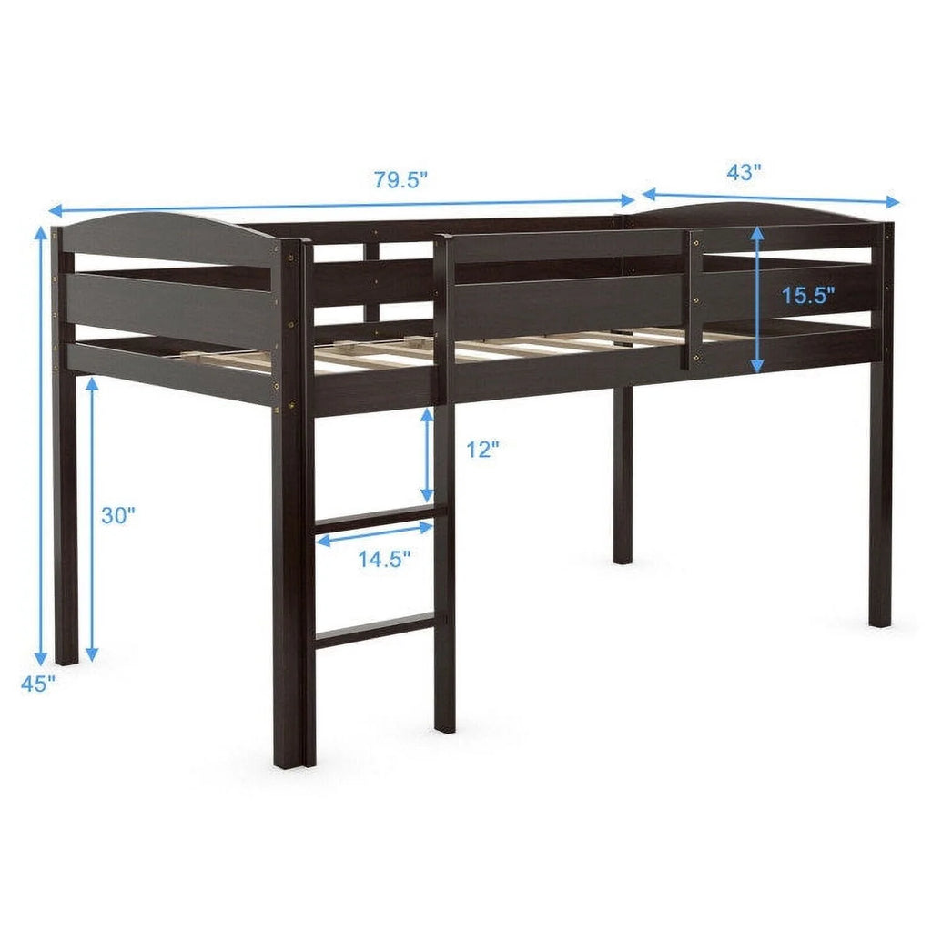 Twin Wooden Low Loft Bunk Bed with Guard Rail and Ladder F22584