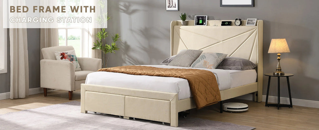 Beige Full Size Bed Frame with 2 Storage Drawers M3065