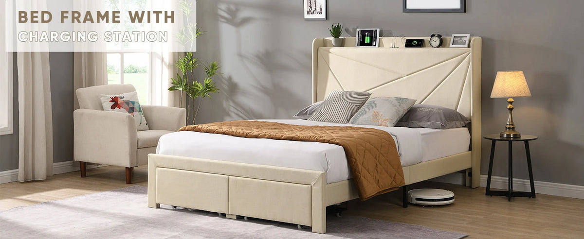Beige Full Size Bed Frame with 2 Storage Drawers M3065