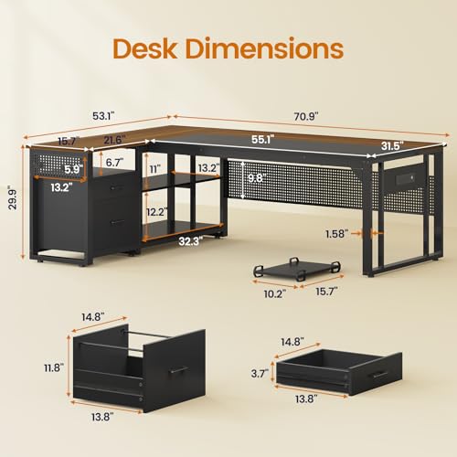 71 in Reversible L Shaped Desk with File Drawers L237