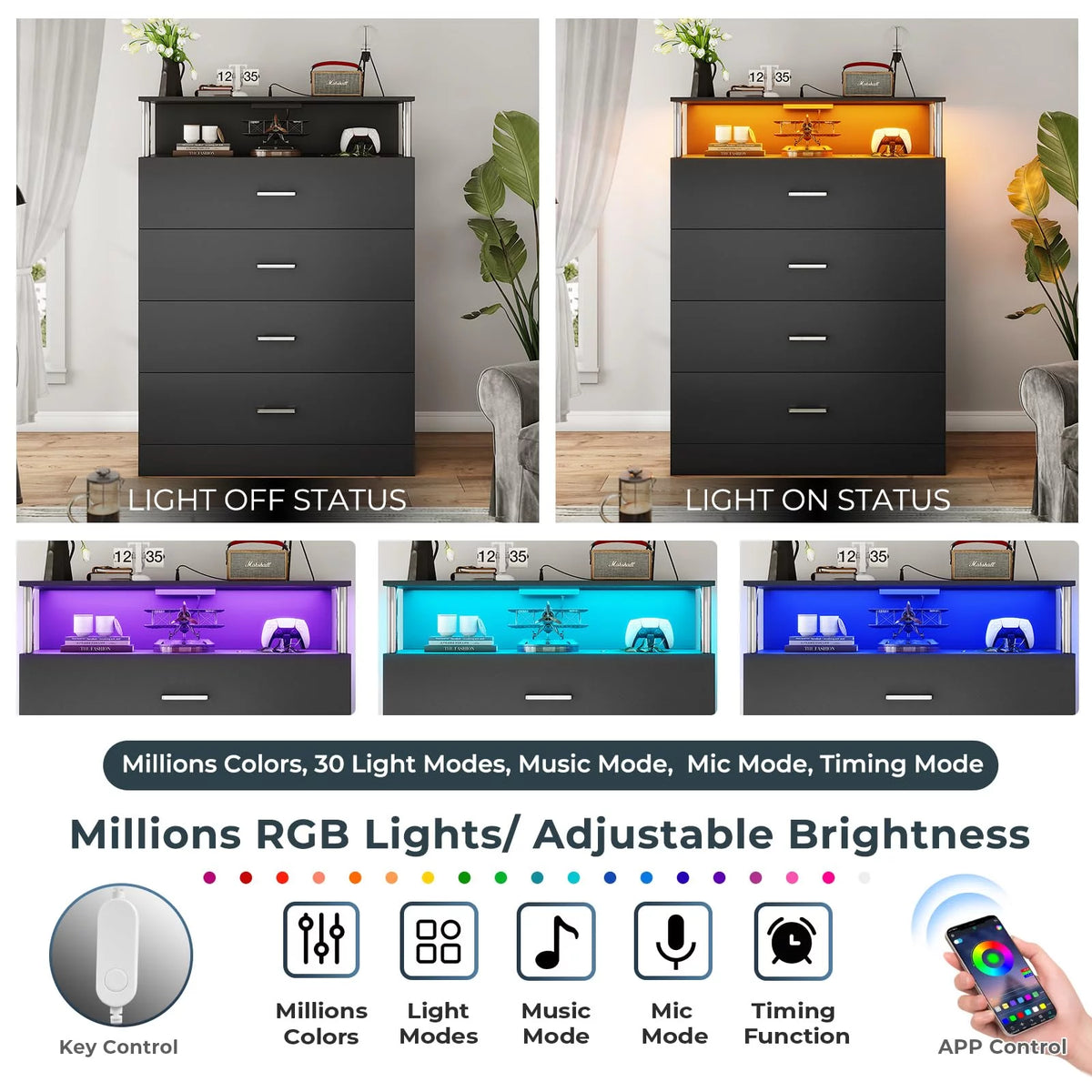 Black 6 Drawer Dresser with Charging Station and LED Light I969804