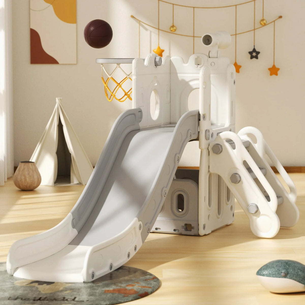 Blue Toddler Slide and Climber Set with Basketball Hoop O228