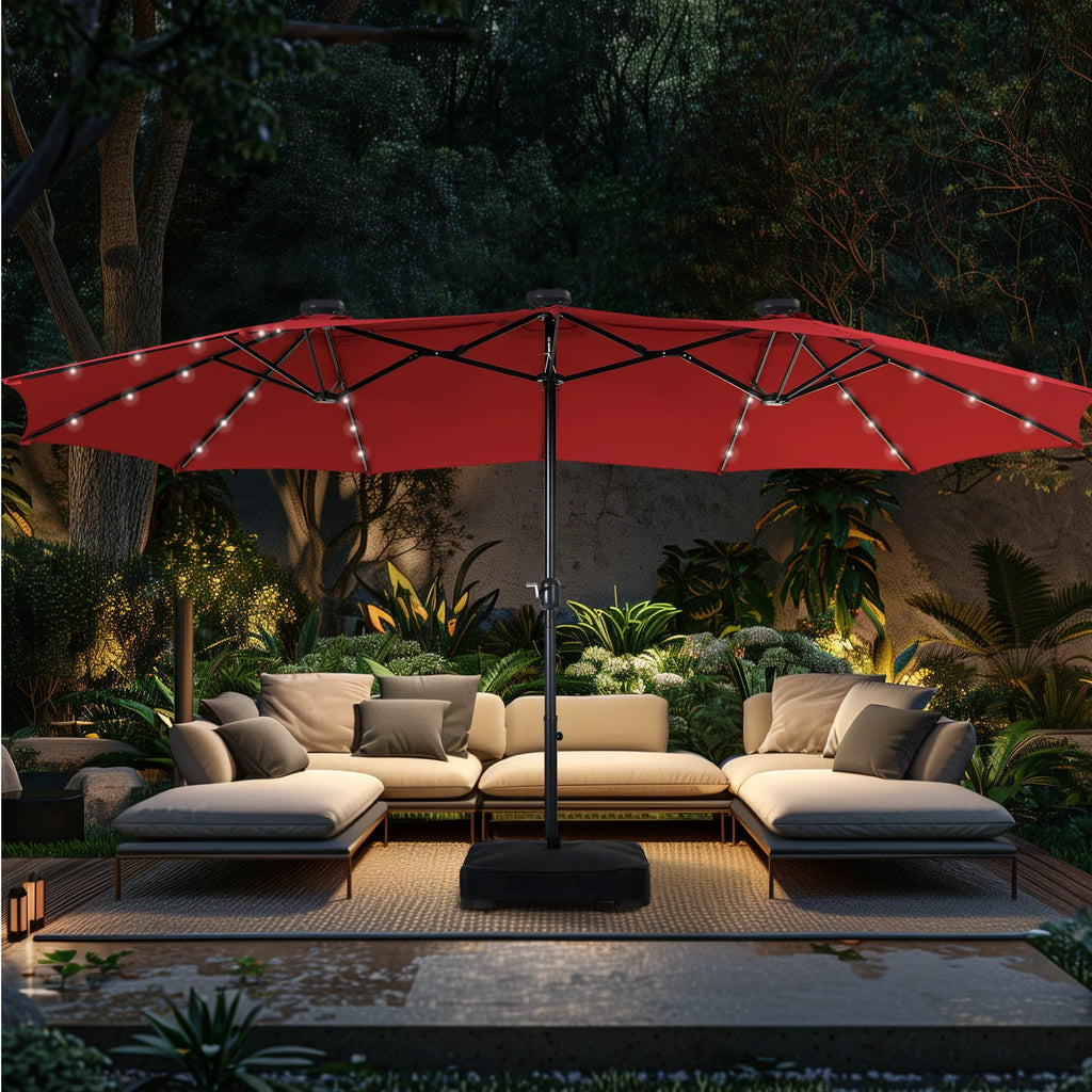 15ft Double-Sided Patio Umbrella with Solar Lights & Base U71371