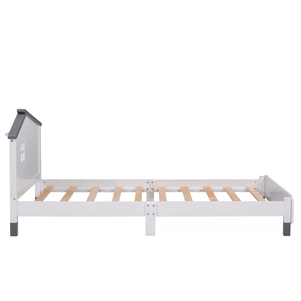 White Gray Twin Size Solid Wood Platform Bed with House-shaped Headboard A716216