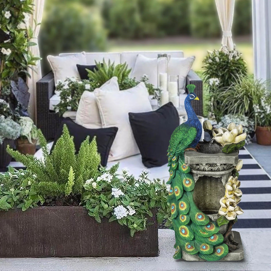Blue and Green Resin Peacock Outdoor Fountain with LED Light L768646
