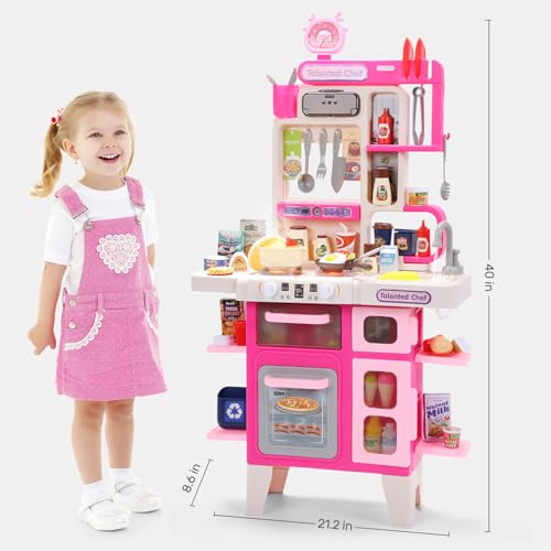 Pink Kids Play Kitchen Set with Sound & Light E9130