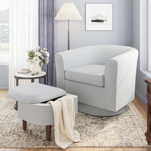 Beige Upholstered Swivel Accent Chair with Ottoman Y917