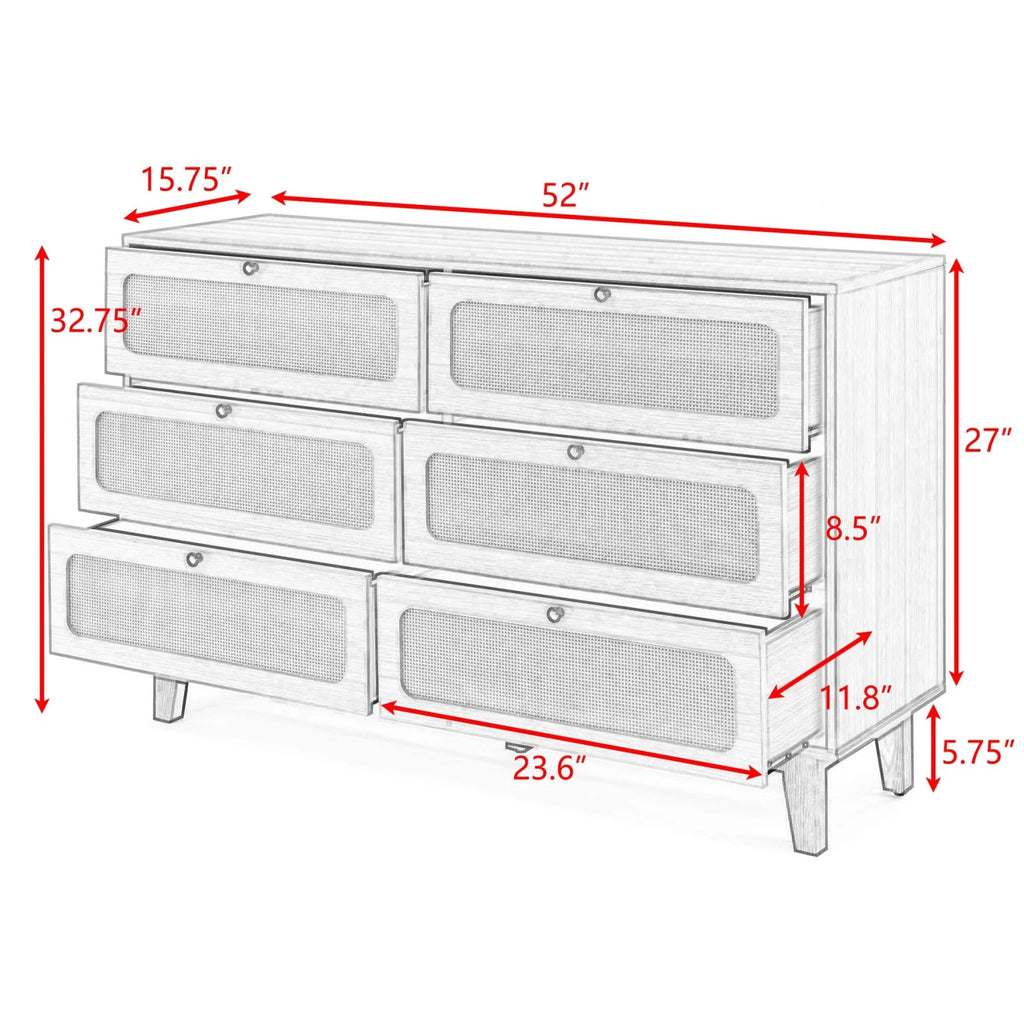 6 Drawer Wooden Dresser with Rattan Drawers M429872