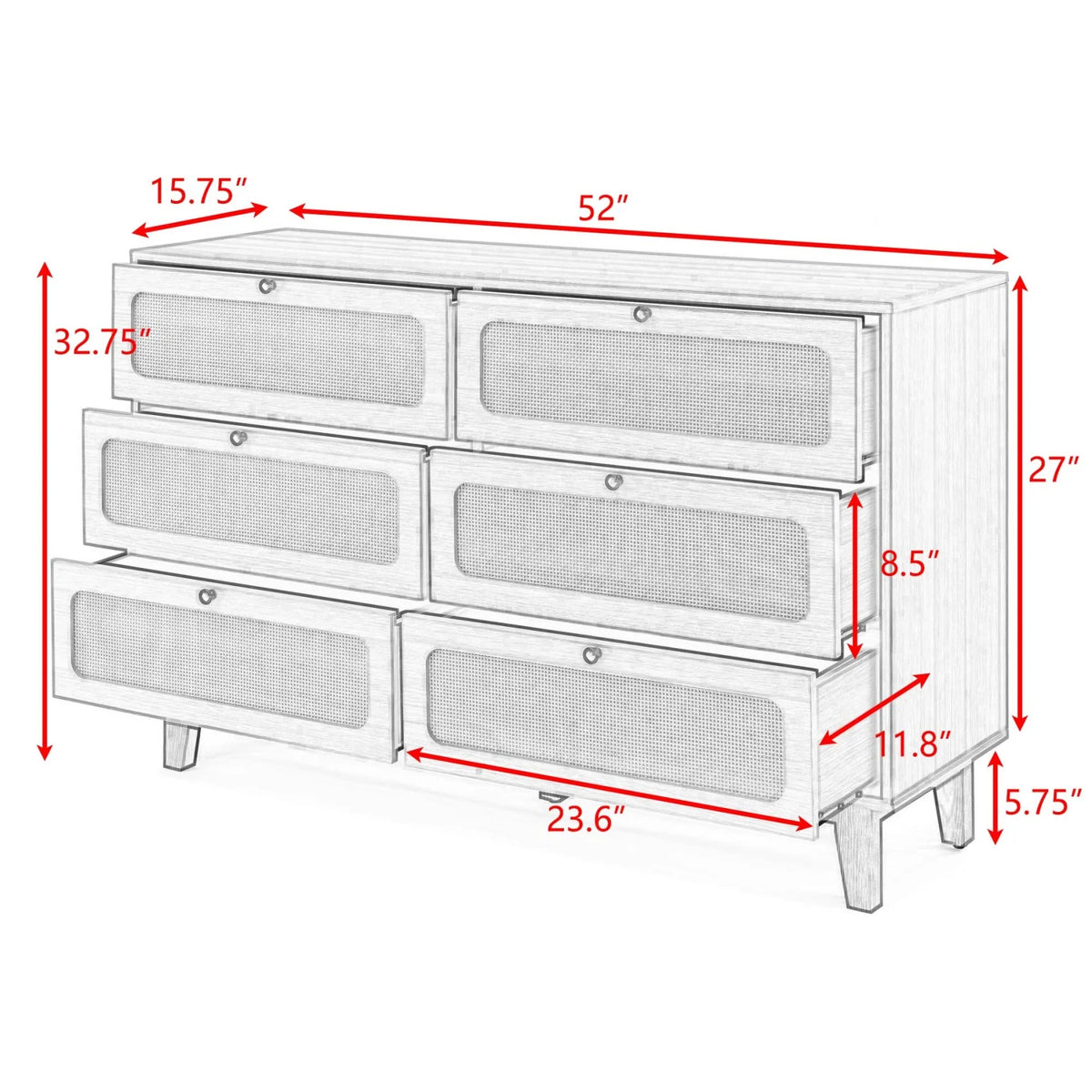 6 Drawer Wooden Dresser with Rattan Drawers M429872