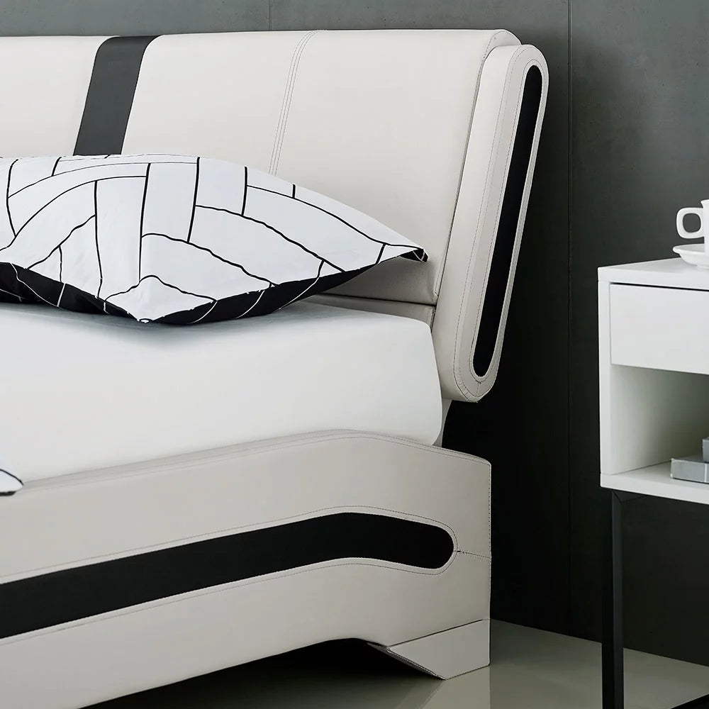 Queen White Platform Bedroom Set with Striped Headboard J4045