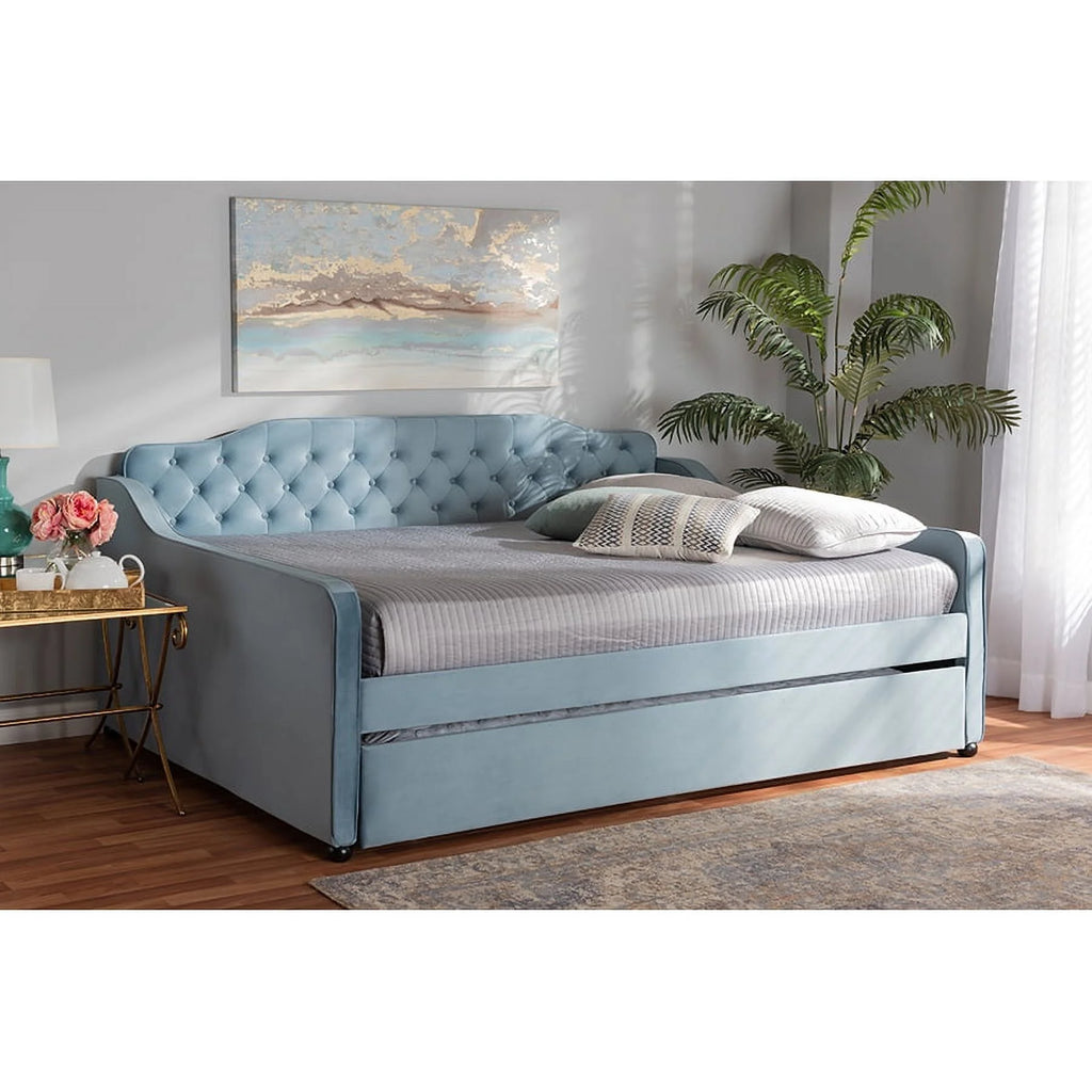 Light Blue Velvet Button Tufted Daybed with Trundle O342