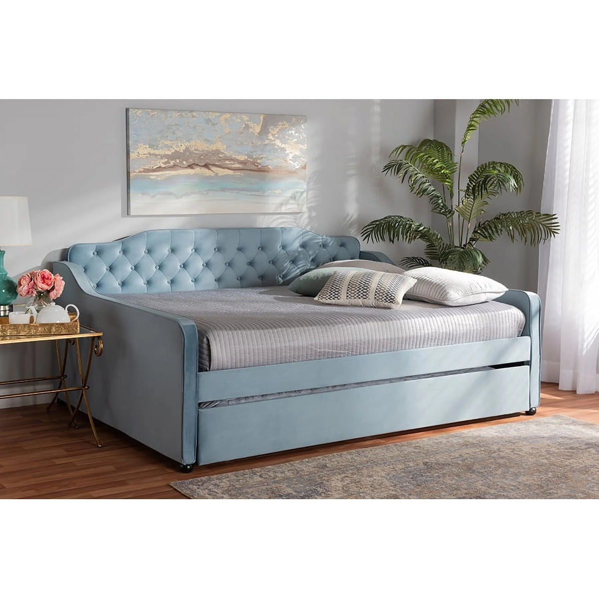 Light Blue Velvet Button Tufted Daybed with Trundle O342