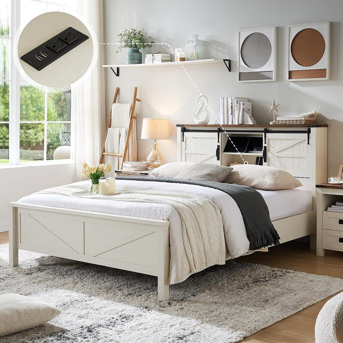 Full Platform Bed with Bookcase Headboard and Charging Station U1933