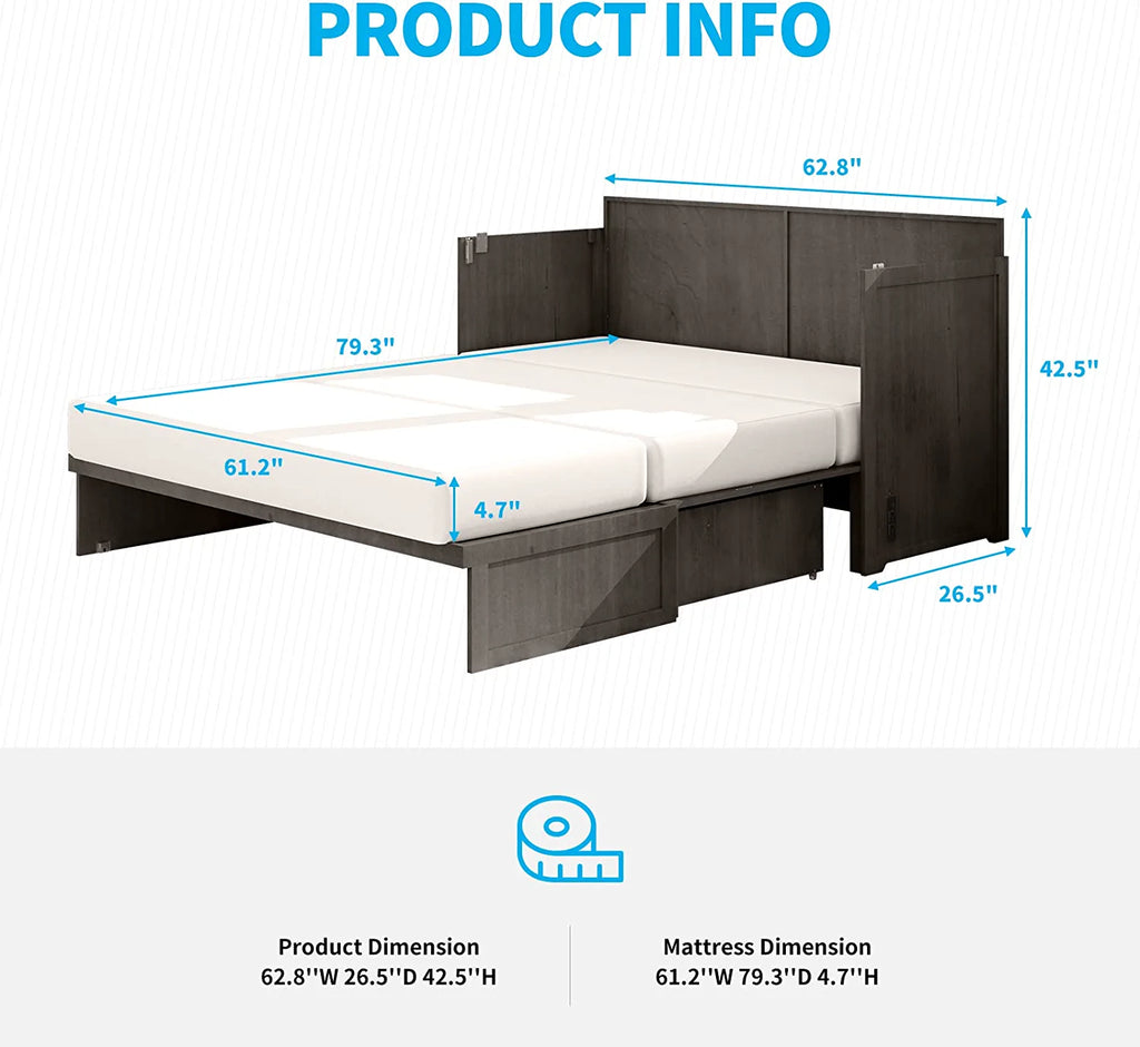 Queen Size Cabinet Bed with USB Charging Station & Folding Foam Mattress I8754