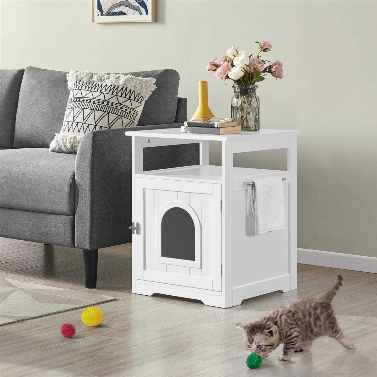 White Wooden Cat Litter Box with Open Shelf T365