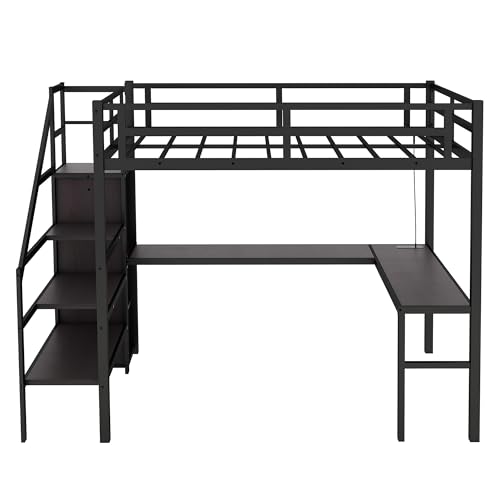 Full XL Size Black Metal Loft Bed with L-Shaped Desk and Stairs Z400612