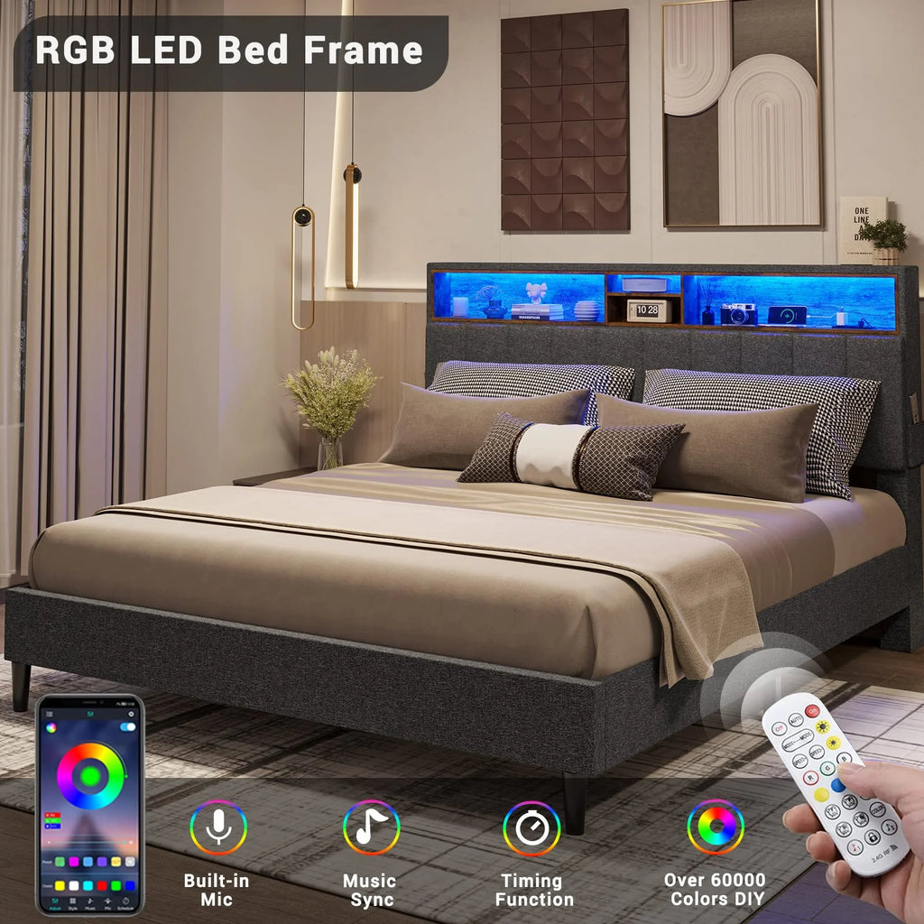 Queen Size LED Bed Frame with Outlet and USB Ports D1167