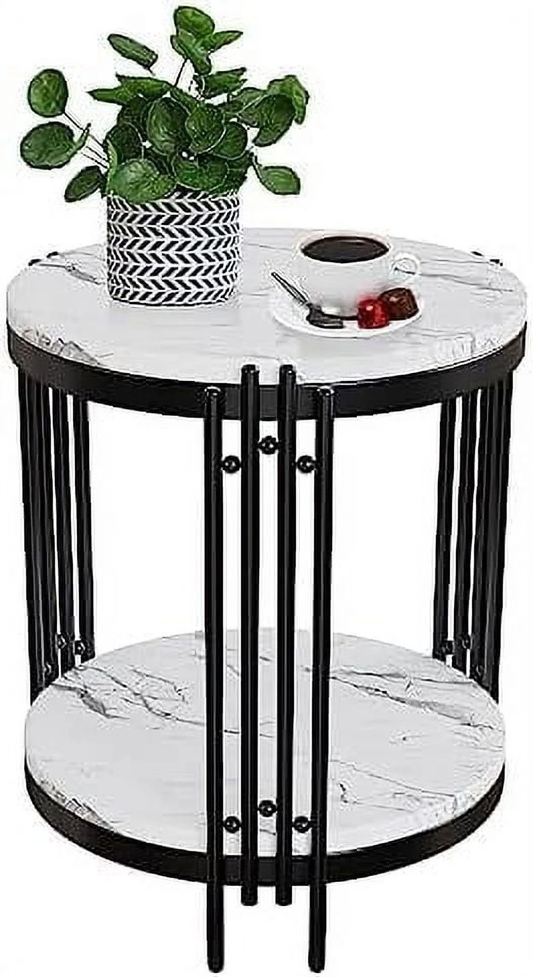 Black Faux Marble Round End Table with Storage Shelves C5845