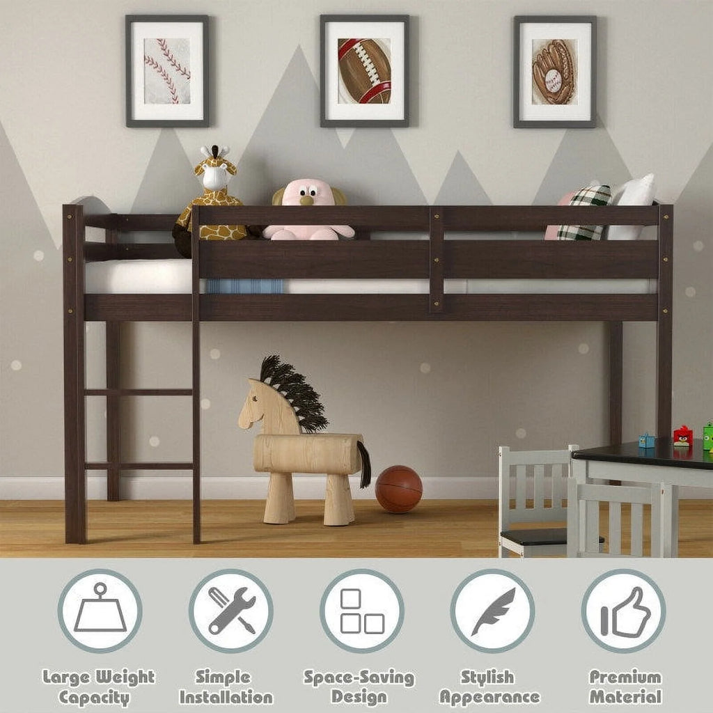 Twin Wooden Low Loft Bunk Bed with Guard Rail and Ladder F22584