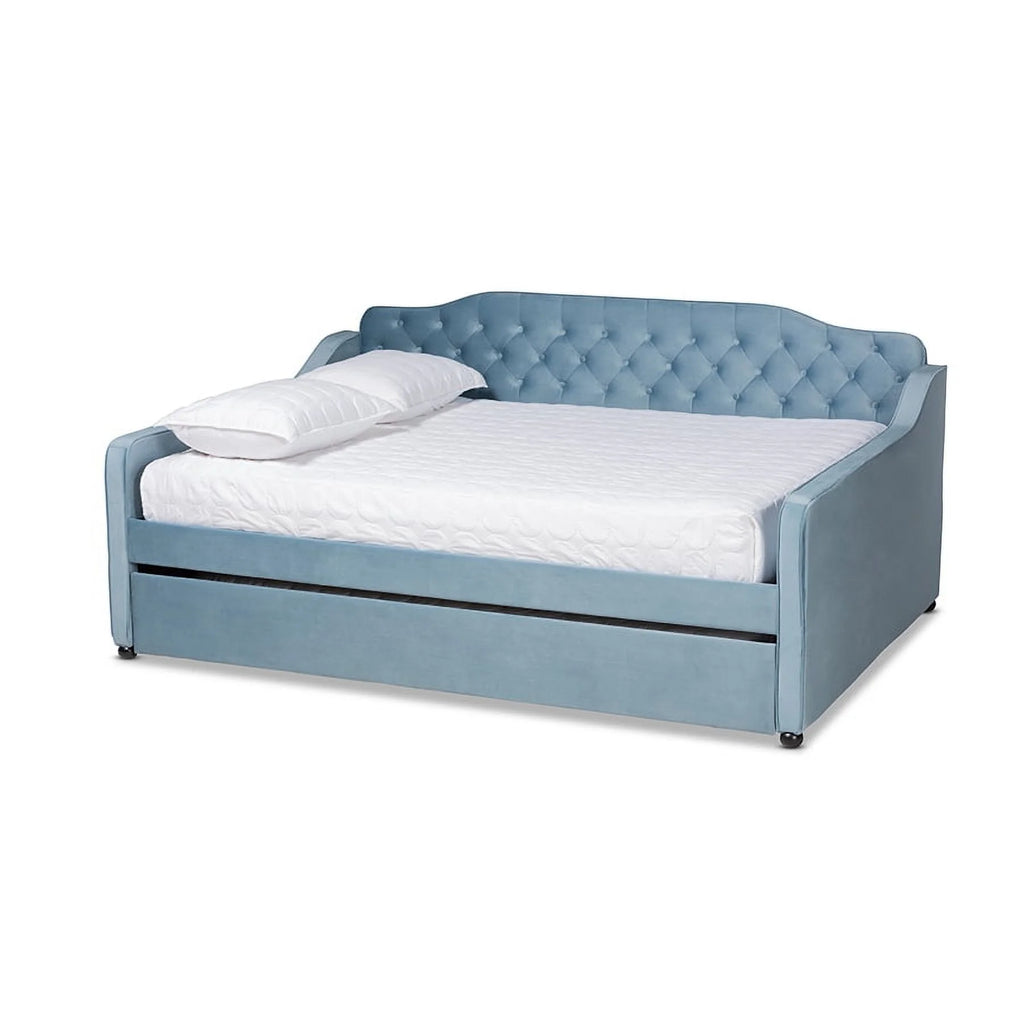 Light Blue Velvet Button Tufted Daybed with Trundle O342