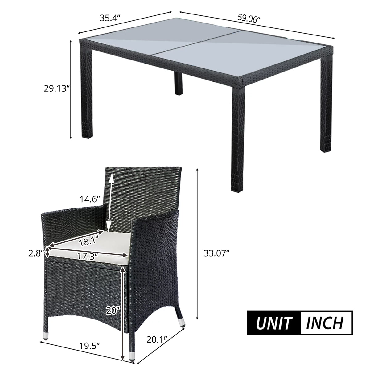 Outdoor PE Rattan Wicker Dining Set of 7 with 6 Chairs H100