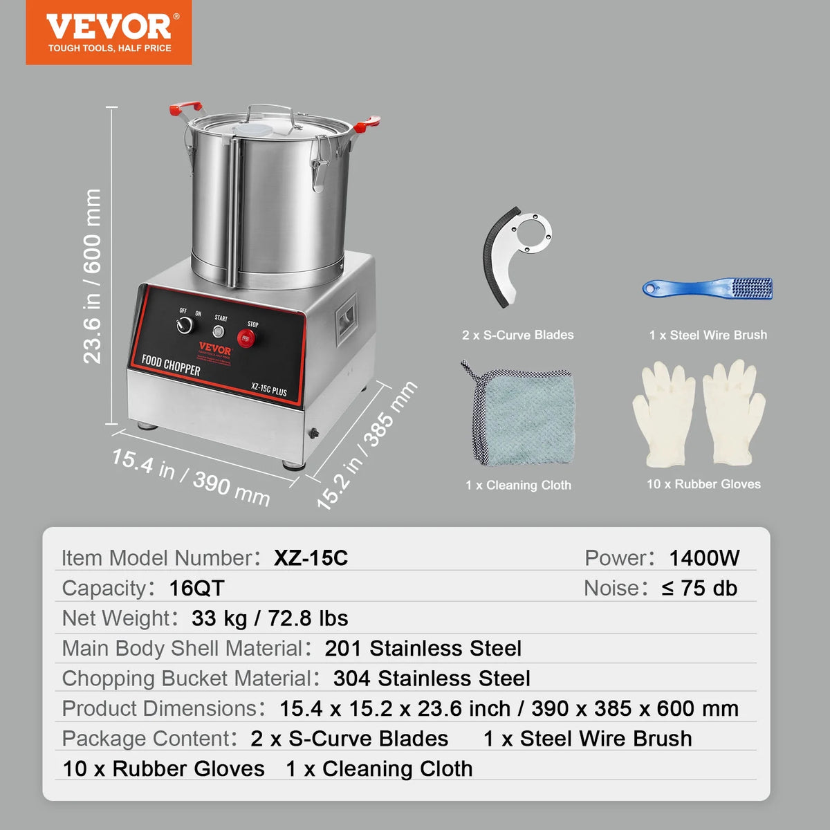1400W 16 Quart Stainless Steel Food Processor Y576