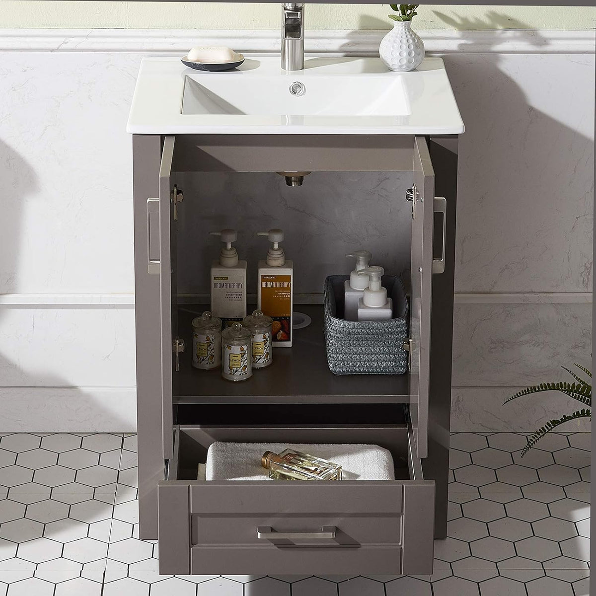 24 Inch Grey Wood Bathroom Vanity with Ceramic Sink F727