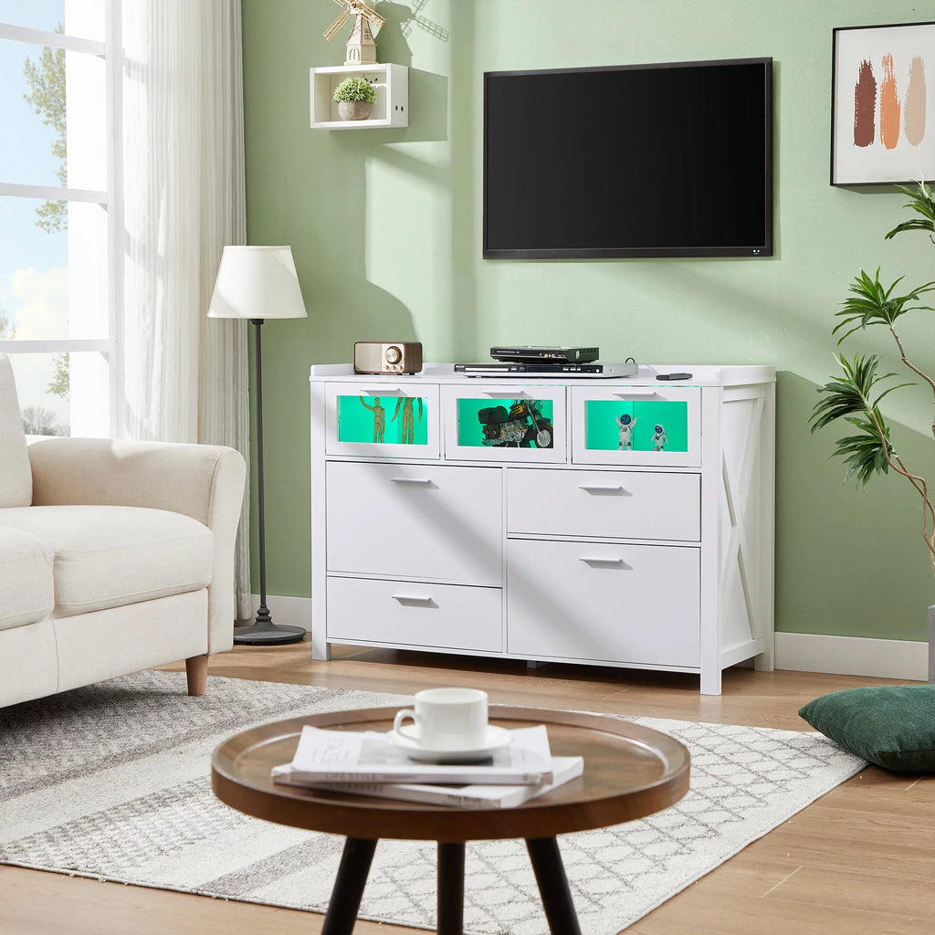 3-Piece Bedroom Set with 7 Drawers LED Dresser and 2 Nightstands, White I6316