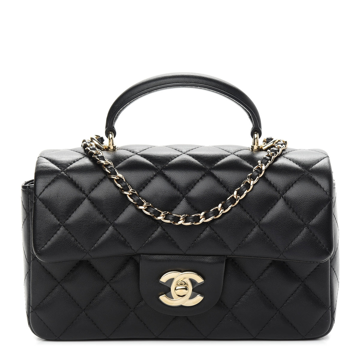 Lambskin Quilted Mini Top Handle Rectangular Flap Black P25586