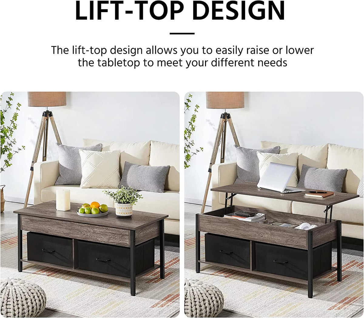 41 Inch Lift Top Coffee Table with Hidden Storage and 2 Fabric Baskets Q4144