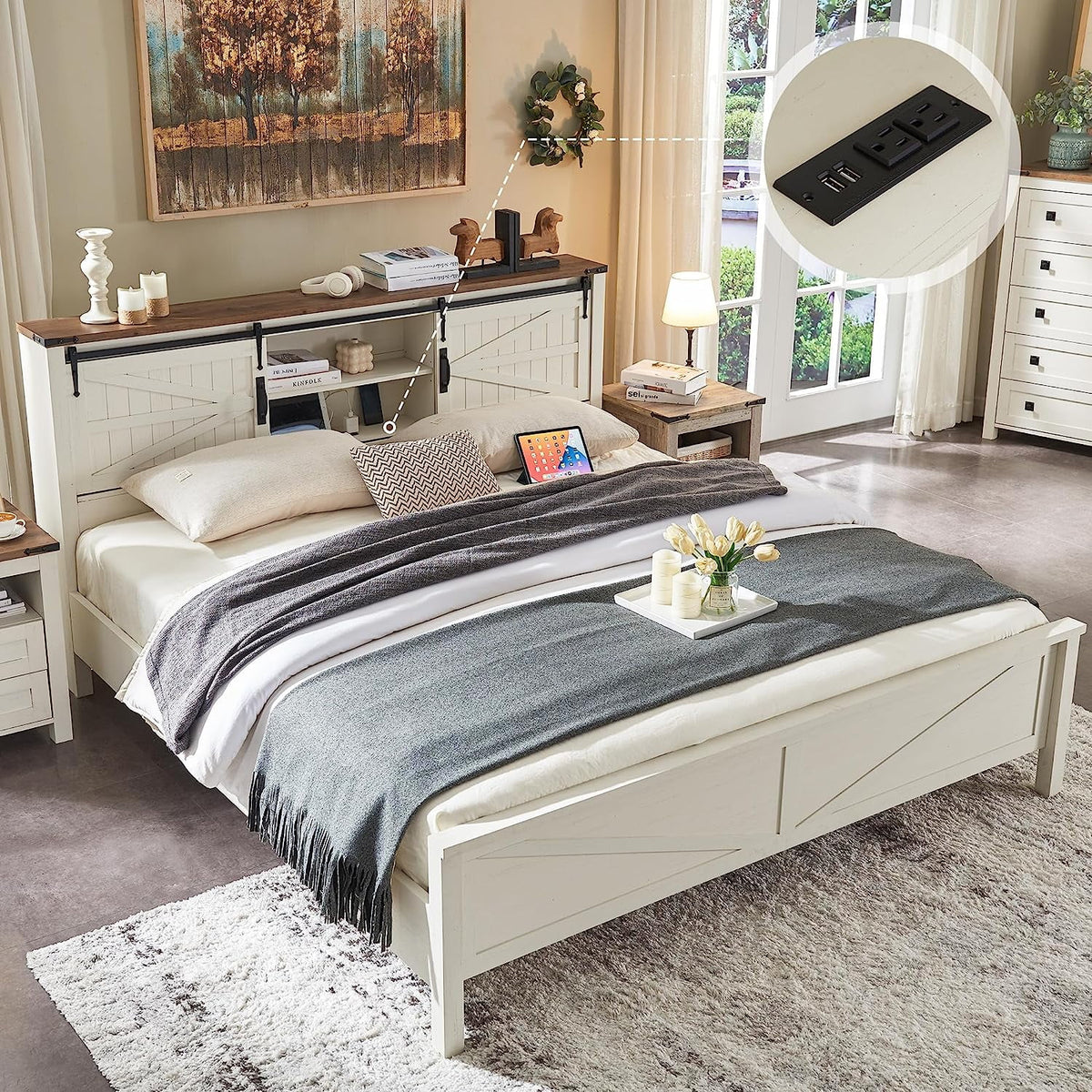 Full Platform Bed with Bookcase Headboard and Charging Station U1933