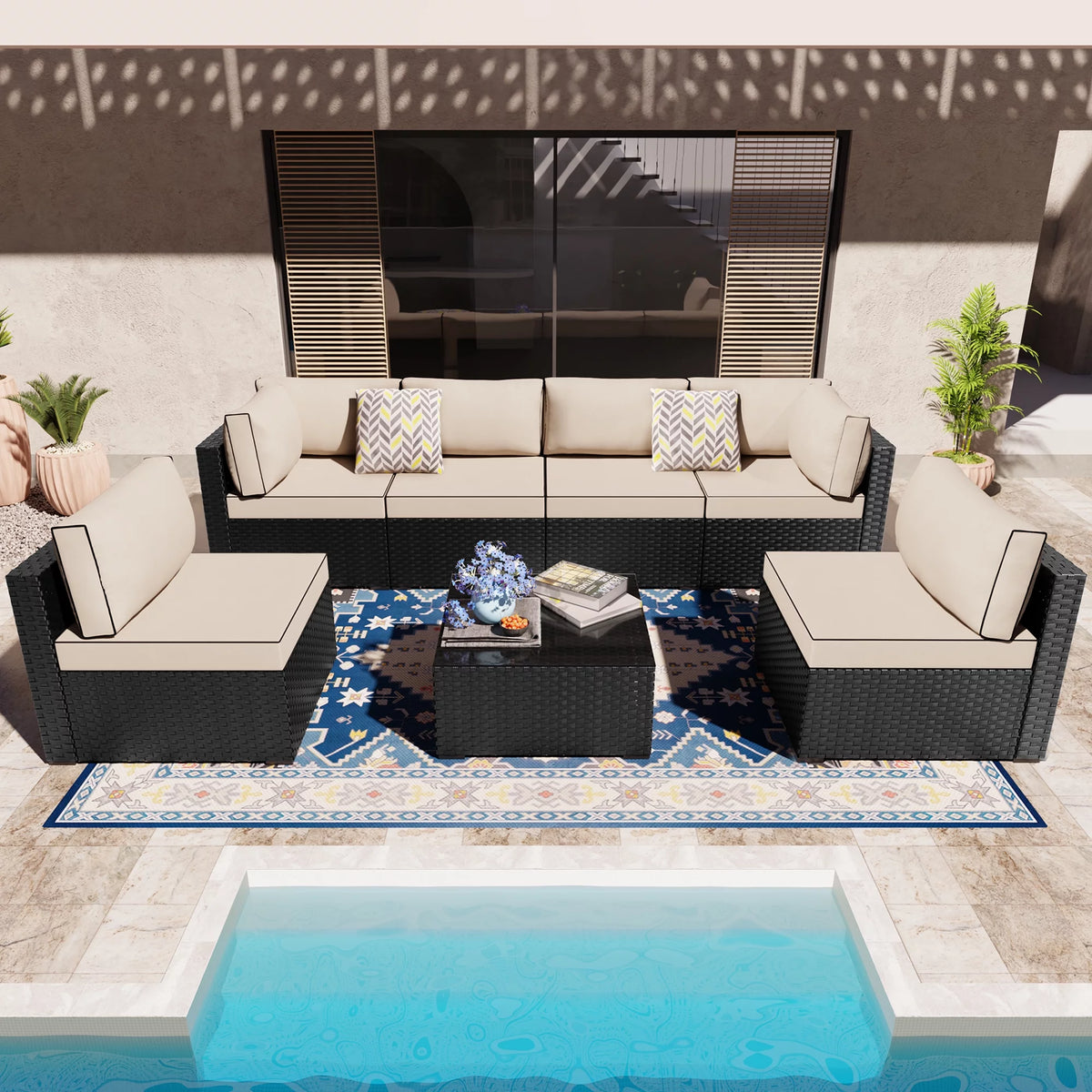 7 Pieces Black Wicker Outdoor Sectional Sofa Set J971281