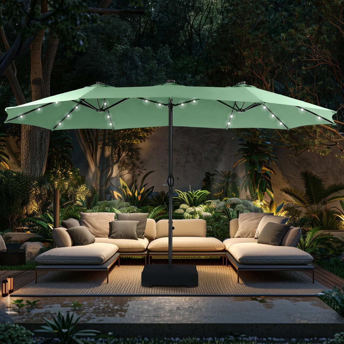 15ft Double-Sided Patio Umbrella with Solar Lights & Base U71371