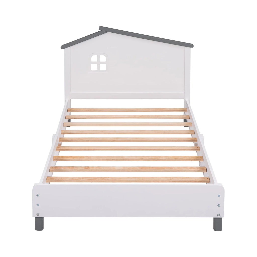 White Gray Twin Size Solid Wood Platform Bed with House-shaped Headboard A716216
