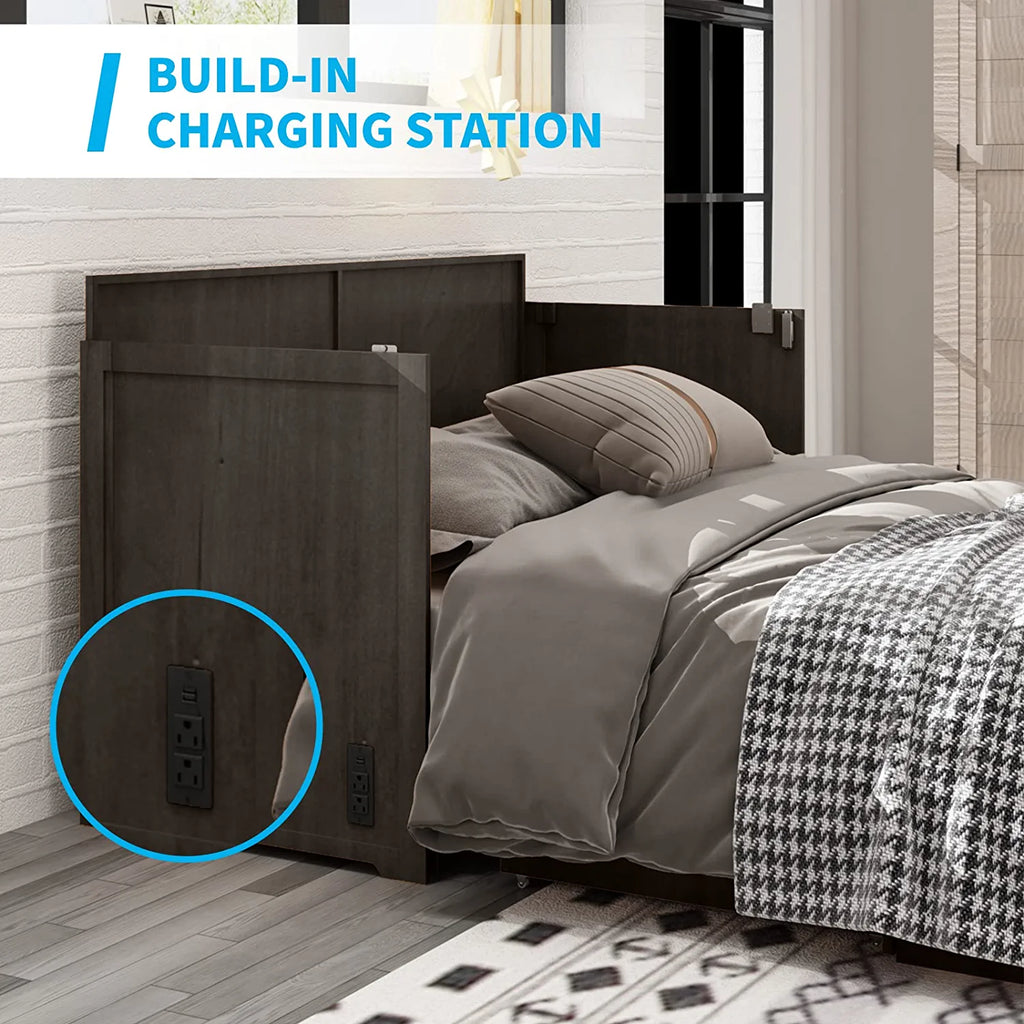Queen Size Cabinet Bed with USB Charging Station & Folding Foam Mattress I8754