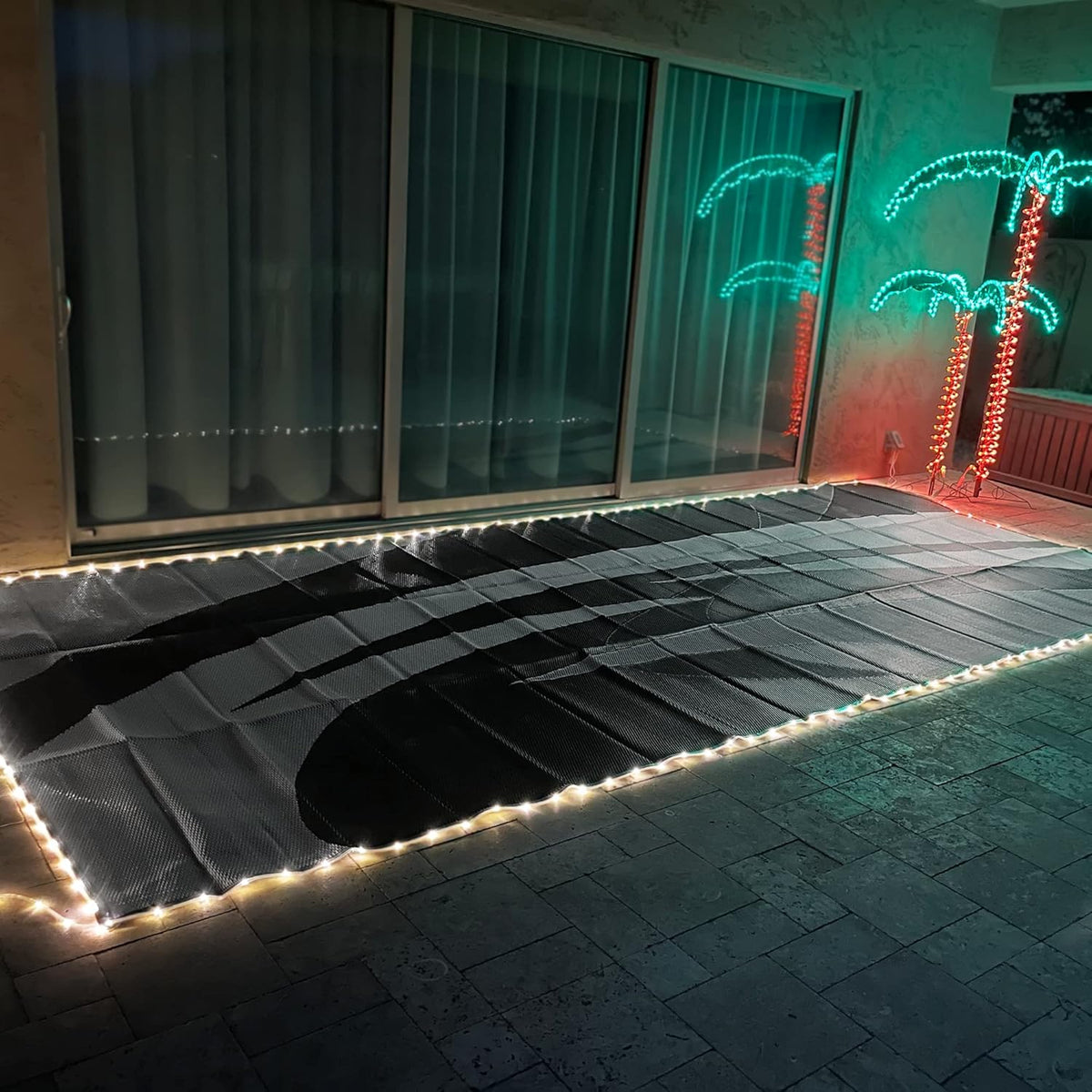 LED Illuminated Patio Mat 8-Feet x 18-Feet Black/White/Grey RV Camping Mat P354868