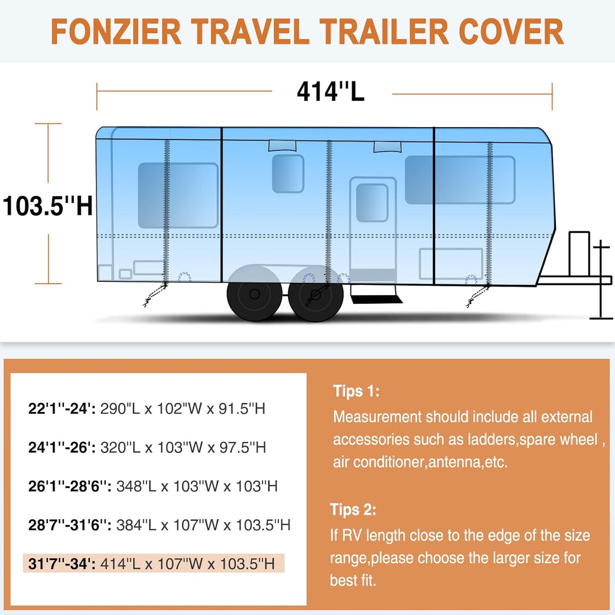 Heavy Duty 5 Layers Anti-UV Travel Trailer Cover 31'1 - 34' H27162
