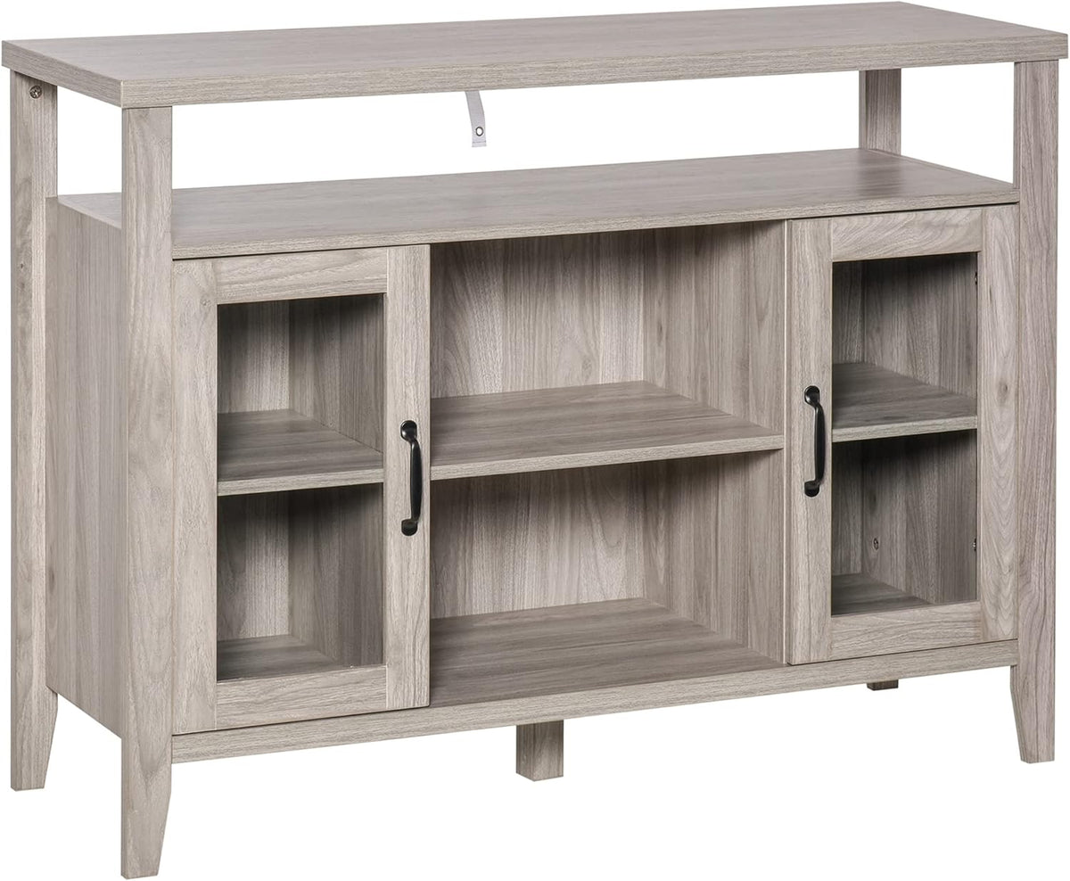 White Storage Sideboard with 3 Open Compartments and 2 Glass Door Cabinets A438