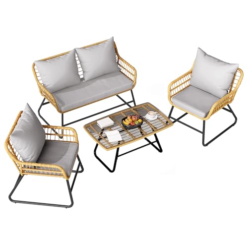 4 Piece Wicker Patio Furniture Set with Removable Cushion D232