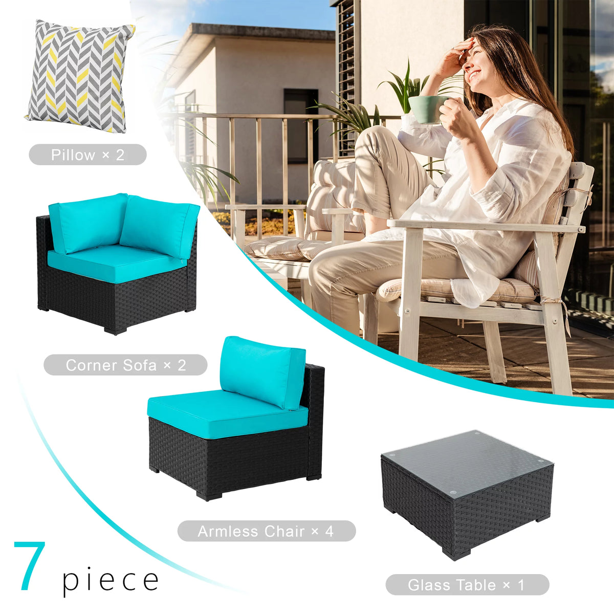 7 Pieces Black Wicker Outdoor Sectional Sofa Set J971281