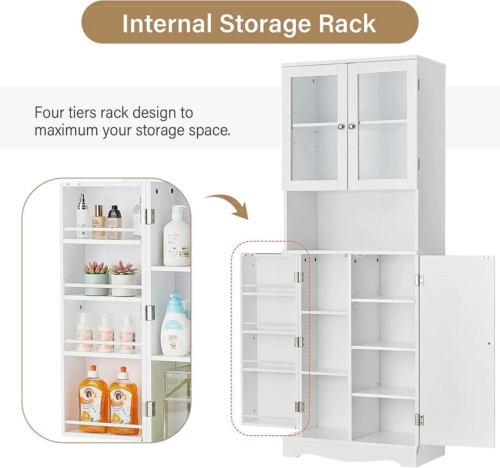 White Bathroom Storage Cabinet with Glass Doors and Adjustable Shelves D392