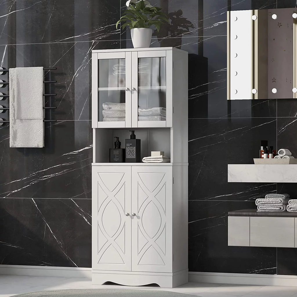 White Bathroom Storage Cabinet with Glass Doors and Adjustable Shelves D392