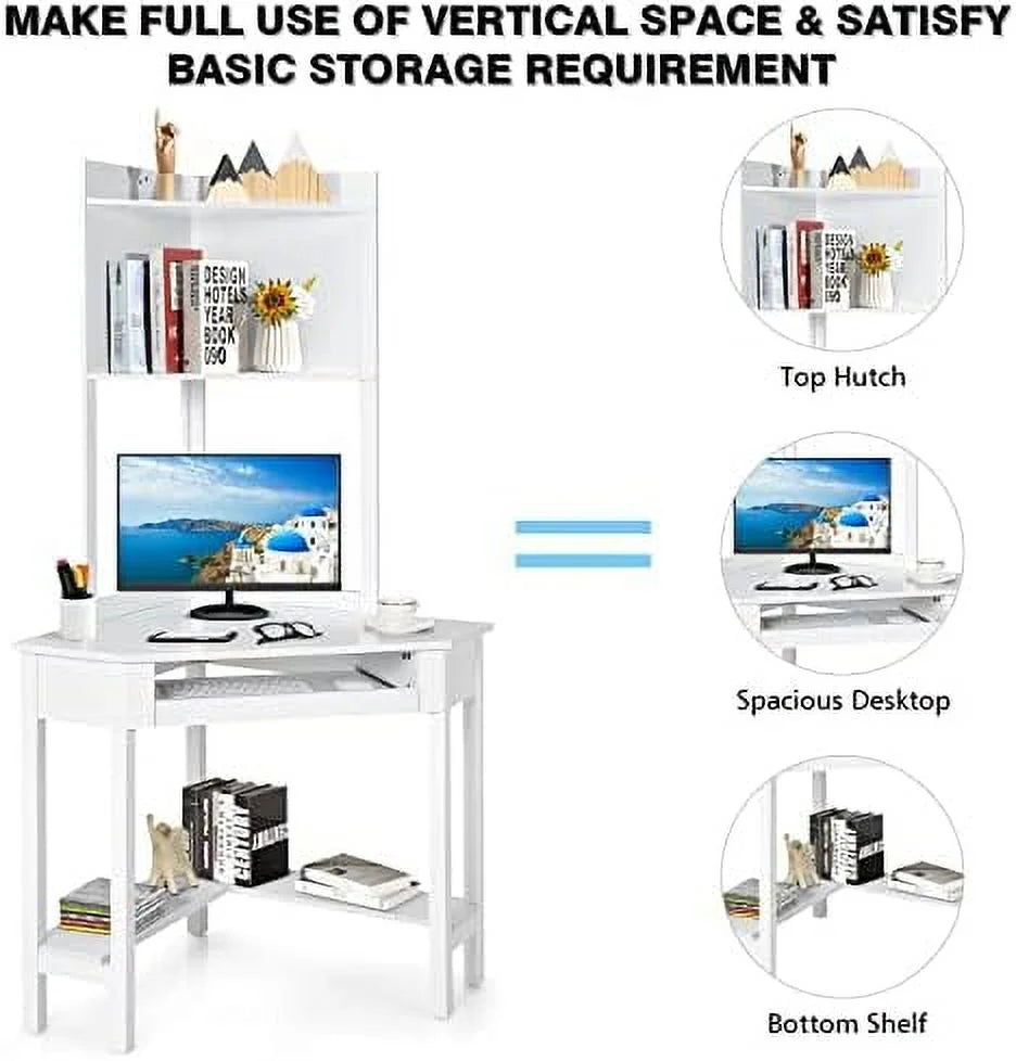 White Corner Computer Desk with Hutch and Shelves V926